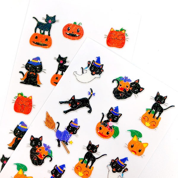 스티커펀 오쿠야마 할로윈 검은 고양이 동물 반짝이펄 스티커샐러드마켓